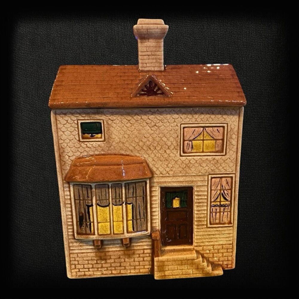 VTG VICTORIAN HOUSE COOKIE JAR 2 STORY SAN FRANCISCO STYLE CERAMIC BROWN 8”